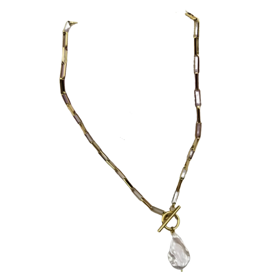 Gold Paperclip Baroque Pearl Necklace