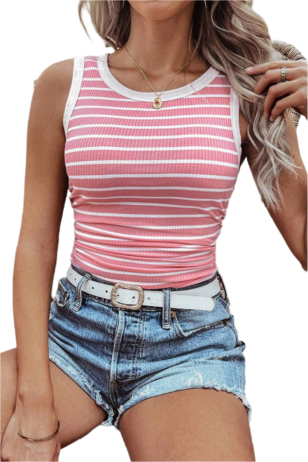 Stripe Contrast Sleeveless Slim Top: Pink Stripe