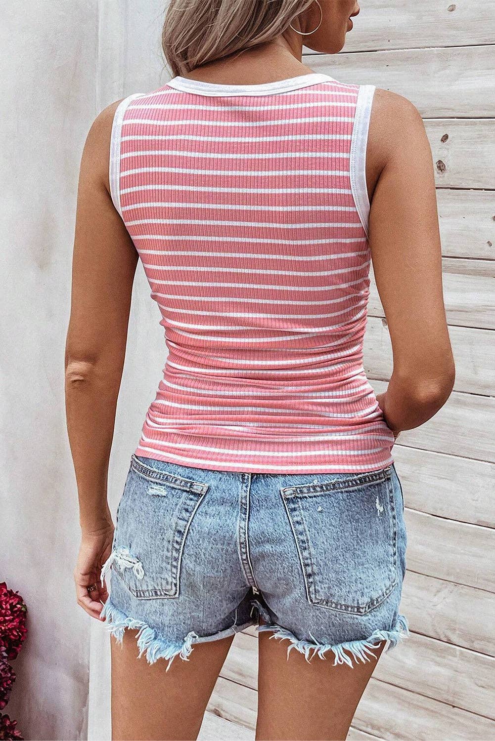 Stripe Contrast Sleeveless Slim Top: Pink Stripe