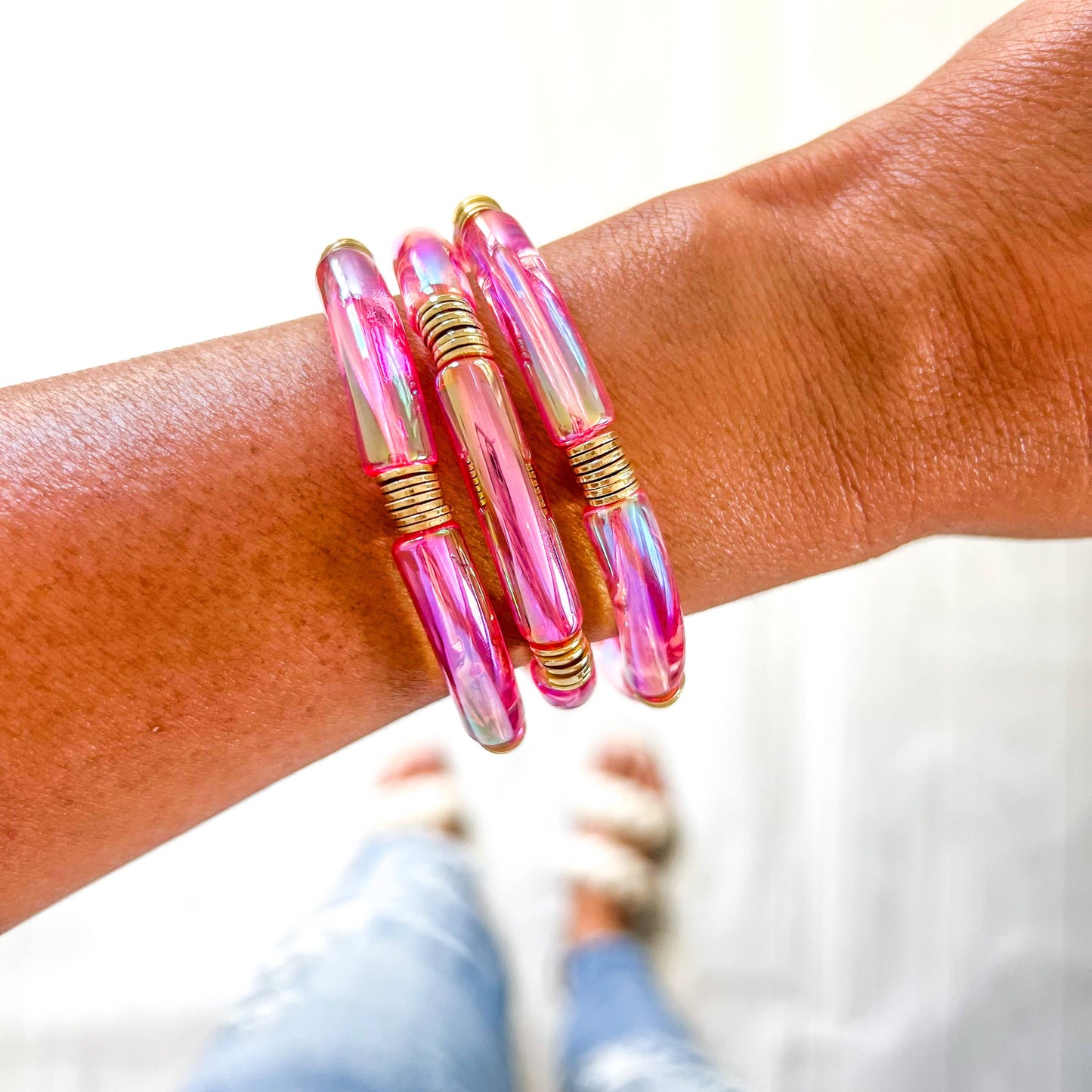 Metallic Clear Pink Acrylic Tube Bamboo Bracelet