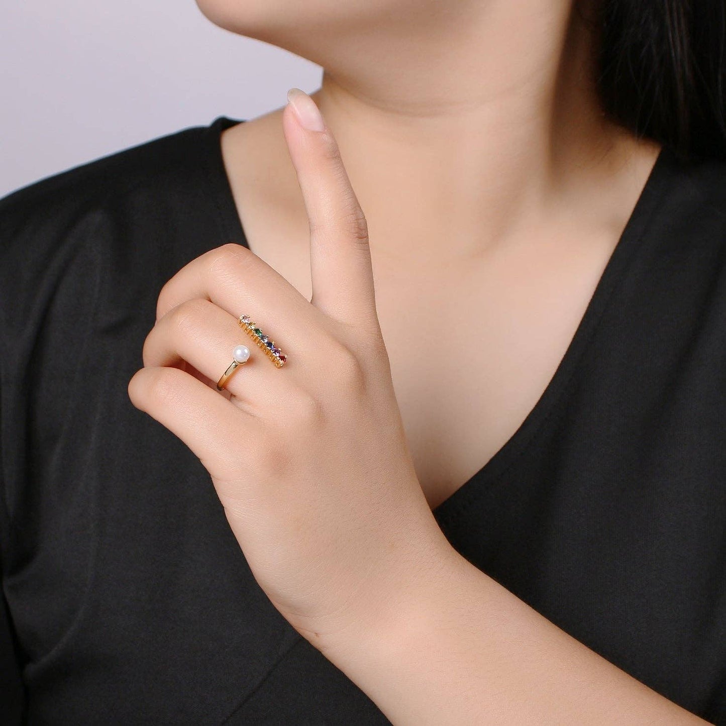 Rainbow Adjustable Ring With Pearl