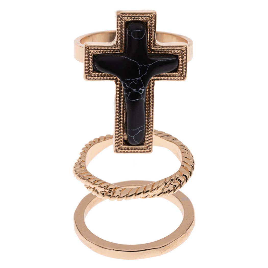 3PCS-Cross Semi-Precious Stone Ring Set Size 7