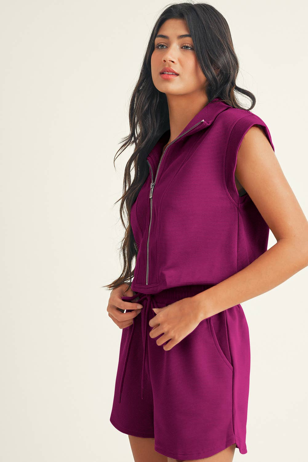 Textured Short Sleeve Half Zip Drawstring Waist Romper: Rose Red