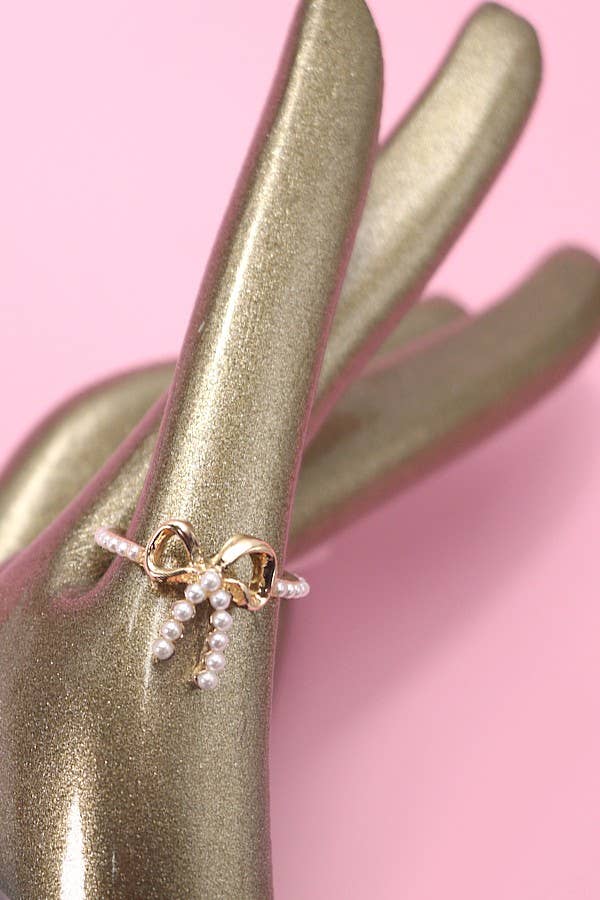 Gold Pearl Bow Ring Size 7