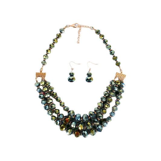 Green Layered Bead Necklace & Earrings