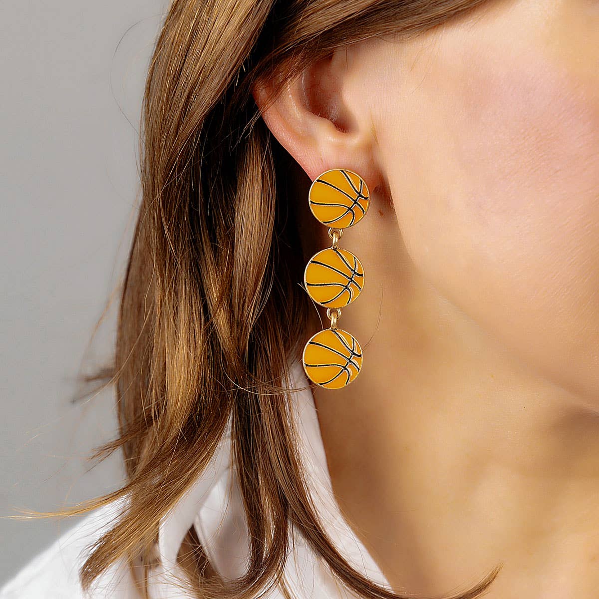 Basketball Triple Drop Enamel Earrings in Orange