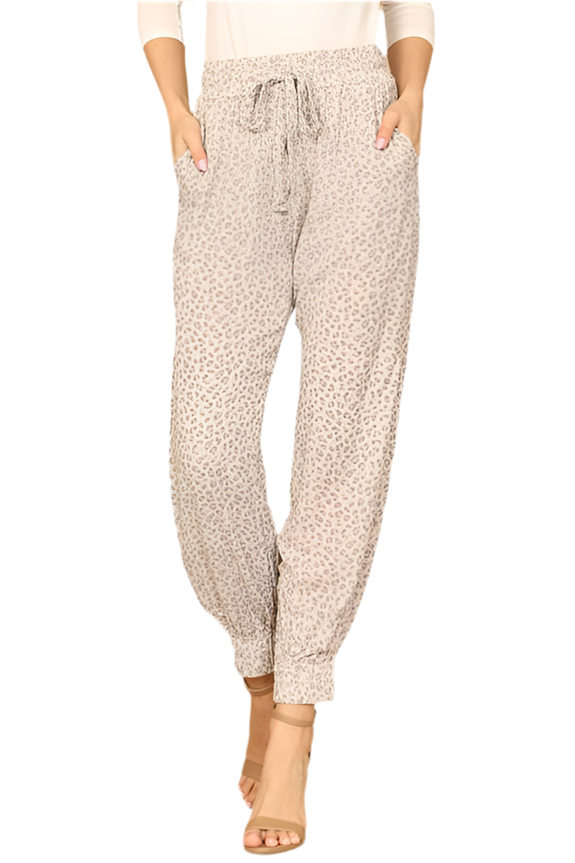 Waist Tie Garterized Hem Leopard Pants