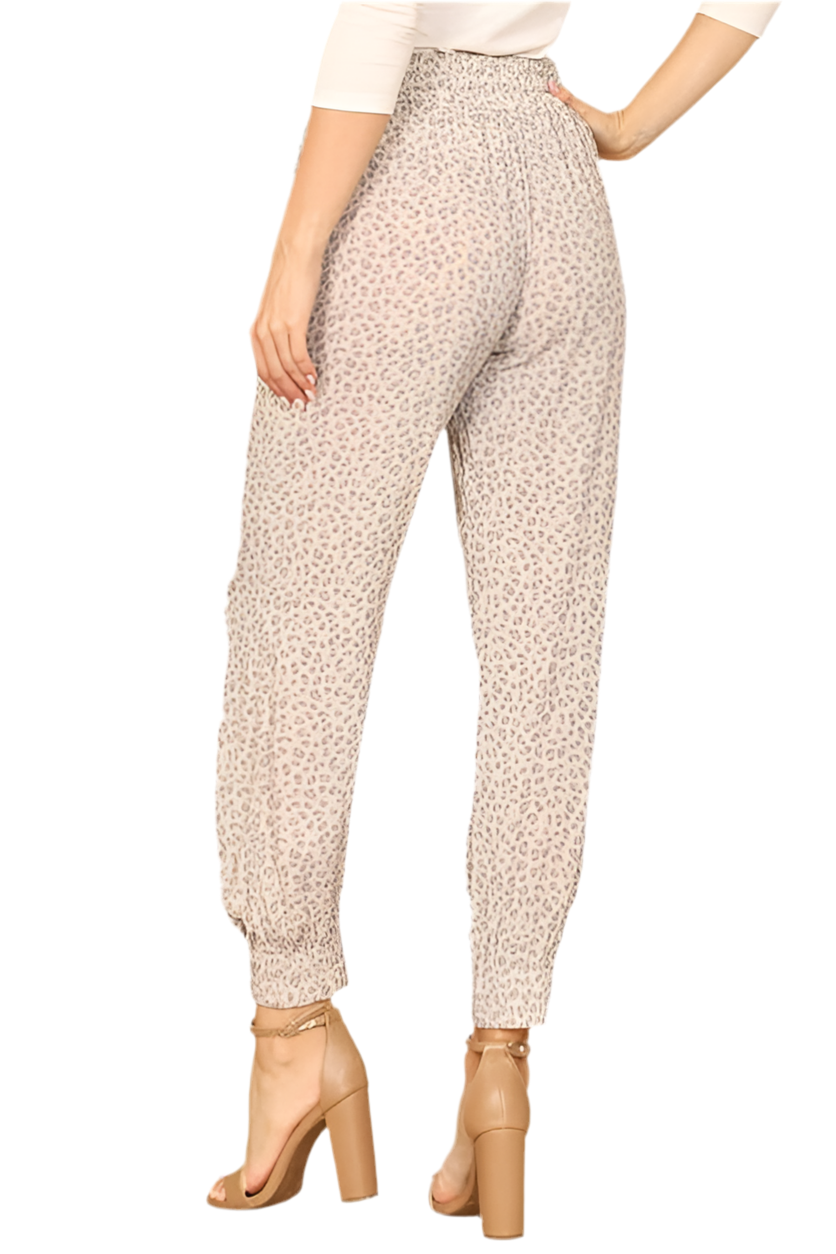 Waist Tie Garterized Hem Leopard Pants