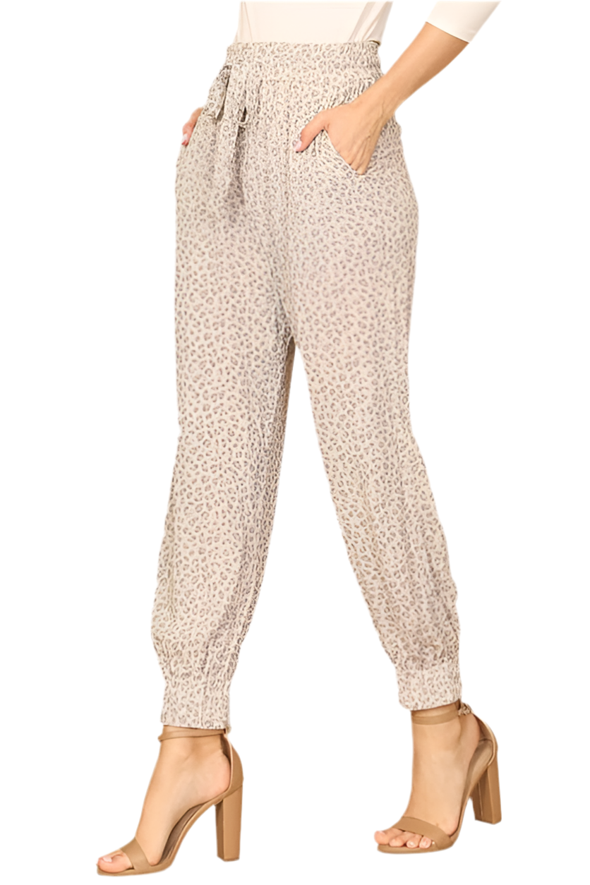 Waist Tie Garterized Hem Leopard Pants