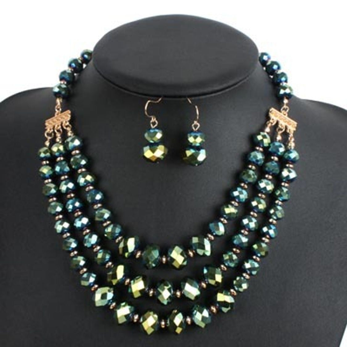 Green Layered Bead Necklace & Earrings