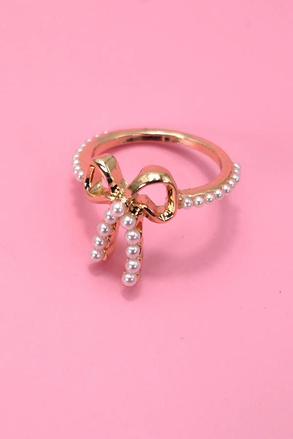 Gold Pearl Bow Ring Size 7