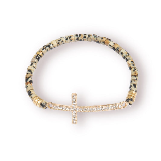 Dalmatian Cross Rhinestone With Natural Stone Beads Stretch Bracelet