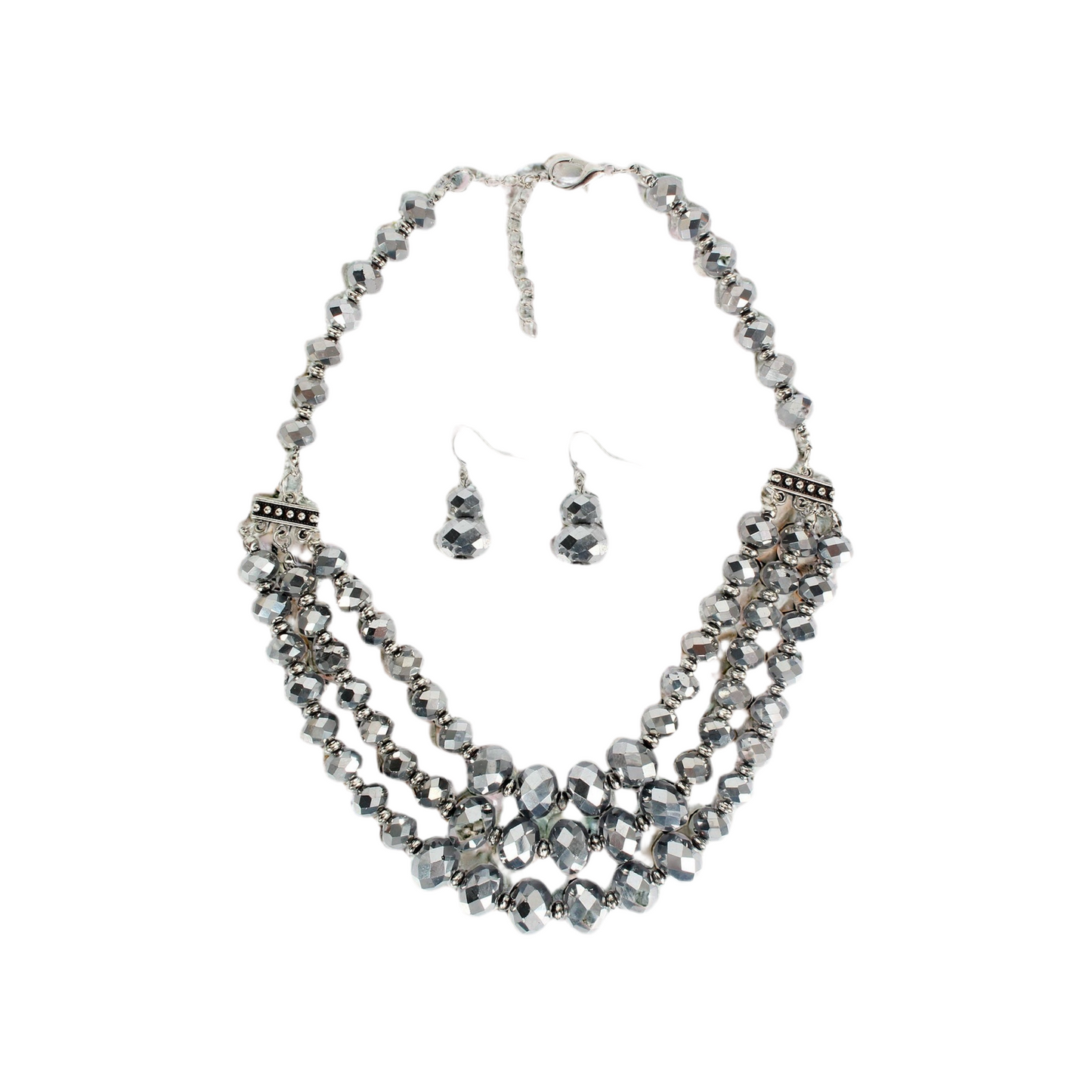 Silver Layered Bead Necklace & Earrings