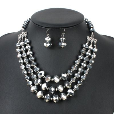 Silver Layered Bead Necklace & Earrings