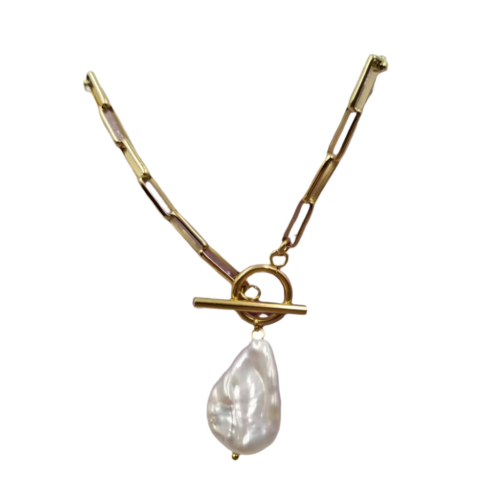 Gold Paperclip Baroque Pearl Necklace
