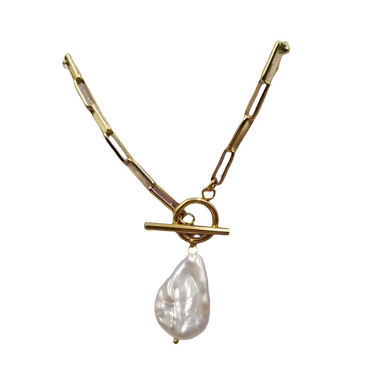 Gold Paperclip Baroque Pearl Necklace
