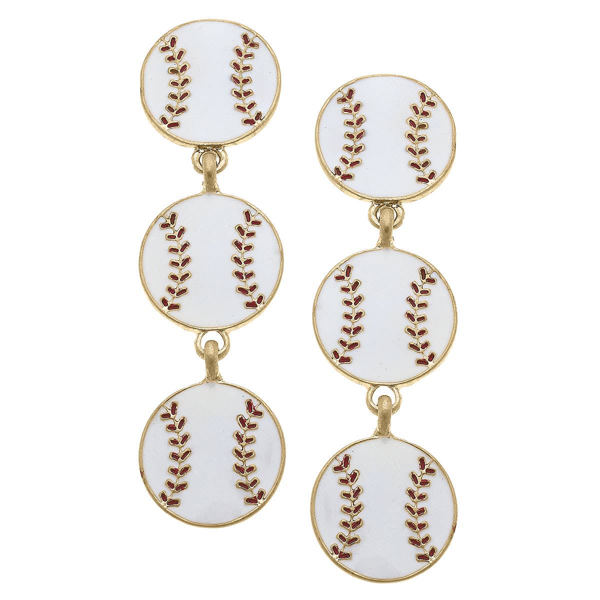 Baseball Triple Drop Enamel Earrings in White & Red